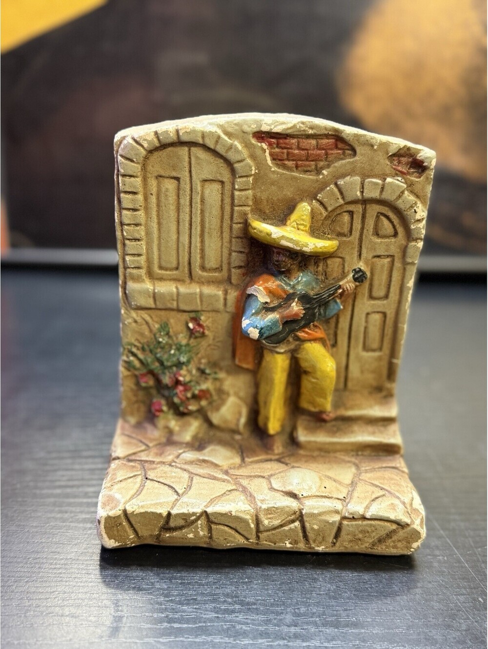 Vintage Mexican Guitar Player Sombrero Bookend Single Chalkware Style